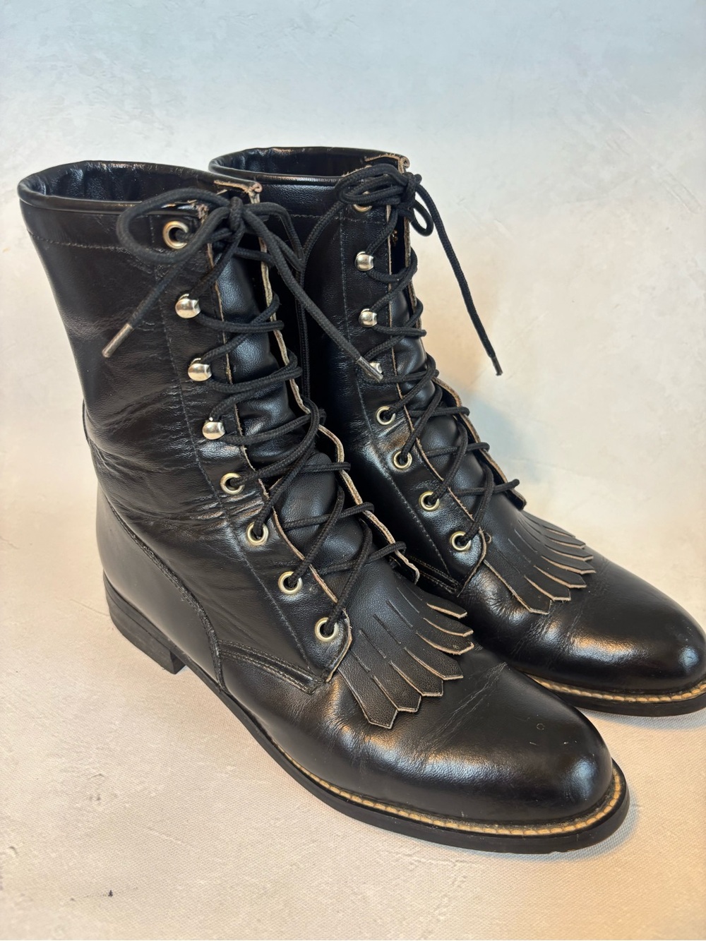 Justin Diamond Black Leather Lace-Up Fringe Roper Boots, size 8